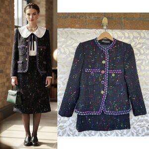 Herbert Grossman Wool Blend Tweed Skirt Suit Set Vintage 4 Colorful Gem Buttons